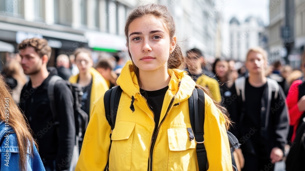 Young woman in yellow jacket amidst a crowd. Young woman in yellow jacket amidst a crowd.