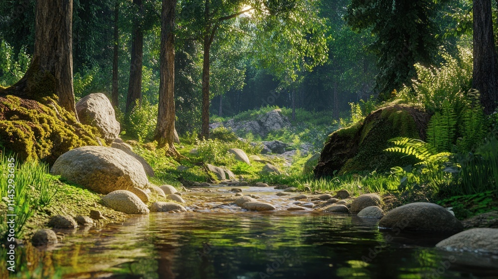 Sunlit forest stream flows through mossy rocks and lush greenery. Sunlit forest stream flows through mossy rocks and lush greenery.