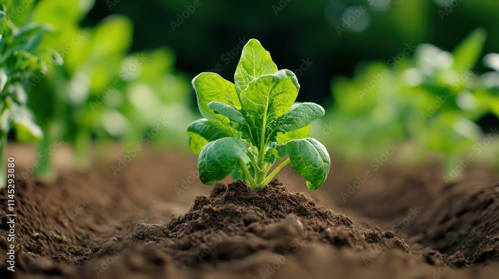 Fresh Green Lettuce Seedling Growing in Rich Soil Under Bright Natural Light in Sustainable Garden Setting Fresh Green Lettuce Seedling Growing in Rich Soil Under Bright Natural Light in Sustainable Garden Setting