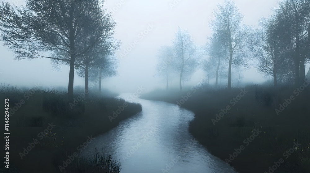 Misty river flowing through a foggy forest landscape. Misty river flowing through a foggy forest landscape.