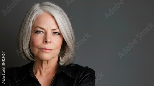 A sophisticated middleaged woman with gray hair poses gracefully indoors, exuding confidence and elegance in her expression.