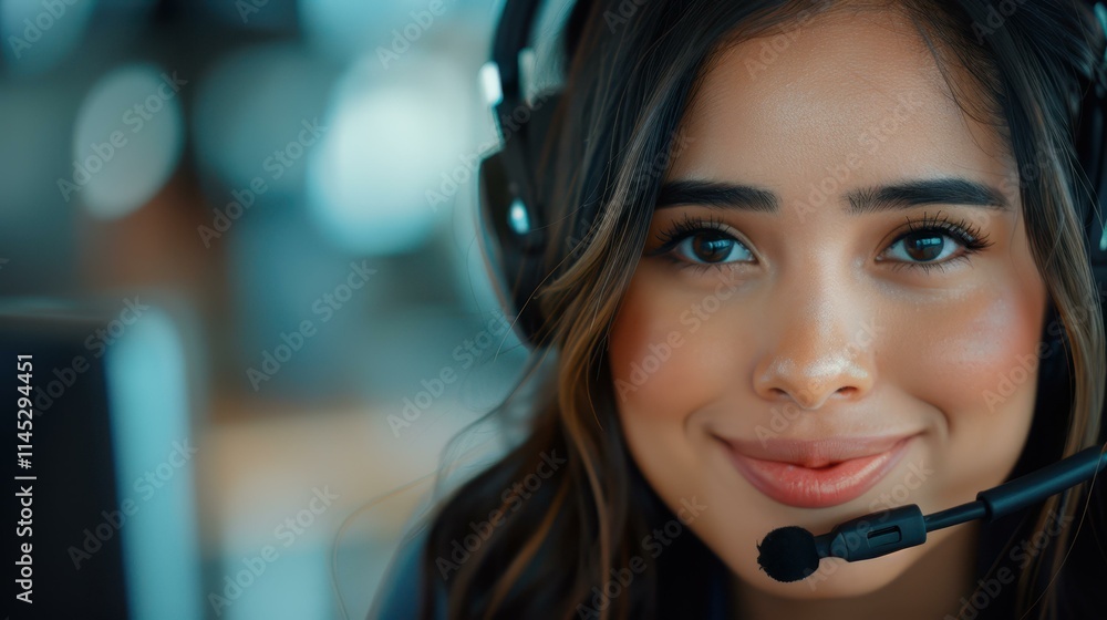 Happy woman with long hair in headset, focused on her work at the computer while smiling at the camera in the office. Happy woman with long hair in headset, focused on her work at the computer while smiling at the camera in the office.