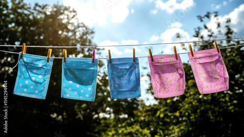 Colorful fabric cloths hanging on a clothesline against a bright blue sky with fluffy clouds, representing outdoor laundry and domesticity in a sunny environment photo