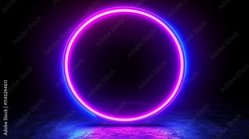 Glowing neon circle, purple and blue light, dark background. Glowing neon circle, purple and blue light, dark background.