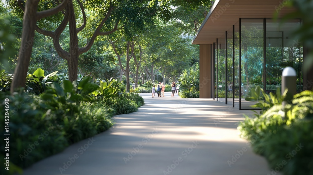 A serene pathway through a lush green landscape with a modern building. A serene pathway through a lush green landscape with a modern building.