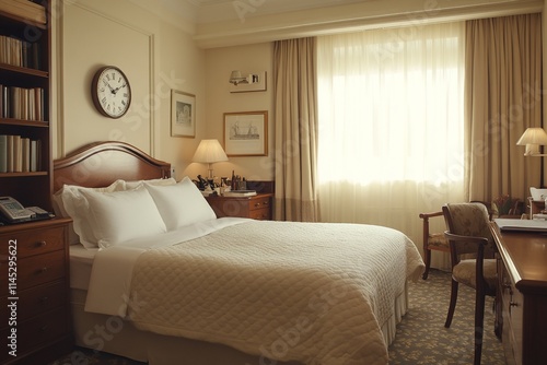 Luxurious hotel bedroom with a double bed, wooden furniture, and a view.