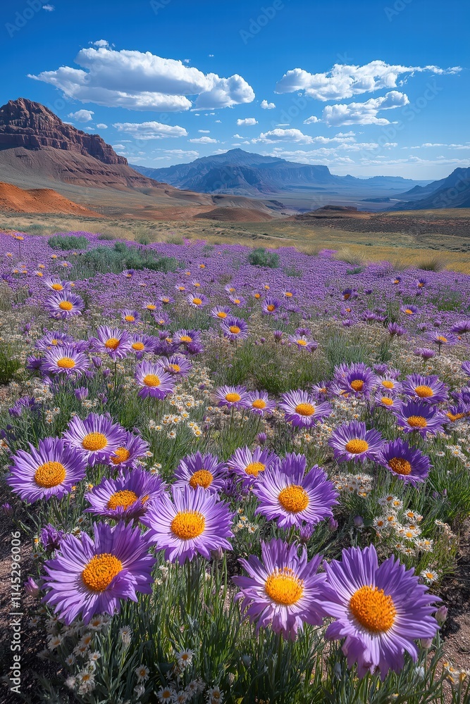 Obraz premium Vibrant wildflowers in a stunning valley surrounded by mountains under a bright blue sky