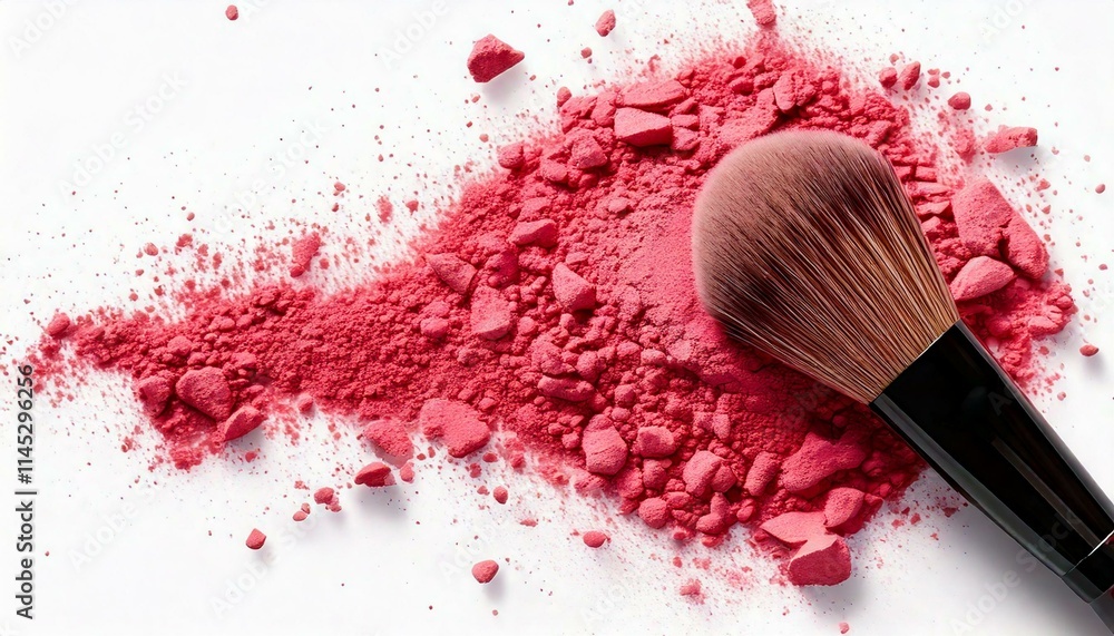 Top vertical view of a pile of loose blush, pink tone powder with a chic graceful makeup brush. Mockup of a sample for product presentation