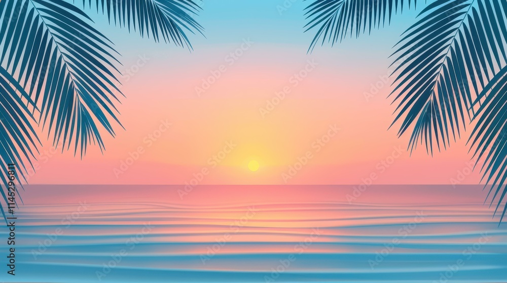 Obraz premium Experience tranquility as the sun sets over a tropical beach, framed by swaying palm trees and soft waves lapping at the shore.