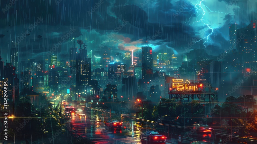 Spectacular thunderstorm with bright flashes and heavy rain in nocturnal urban scene Spectacular thunderstorm with bright flashes and heavy rain in nocturnal urban scene