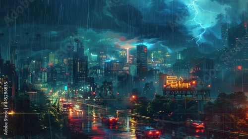Spectacular thunderstorm with bright flashes and heavy rain in nocturnal urban scene