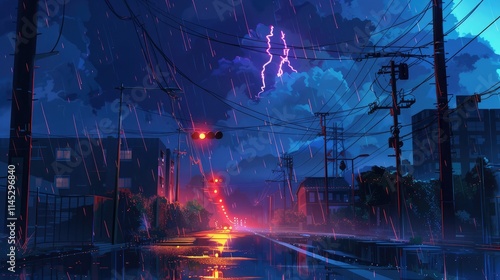 Spectacular thunderstorm with bright flashes and heavy rain in nocturnal urban scene