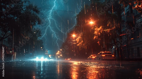 Spectacular thunderstorm with bright flashes and heavy rain in nocturnal urban scene