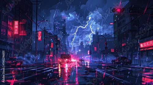 Spectacular thunderstorm with bright flashes and heavy rain in nocturnal urban scene