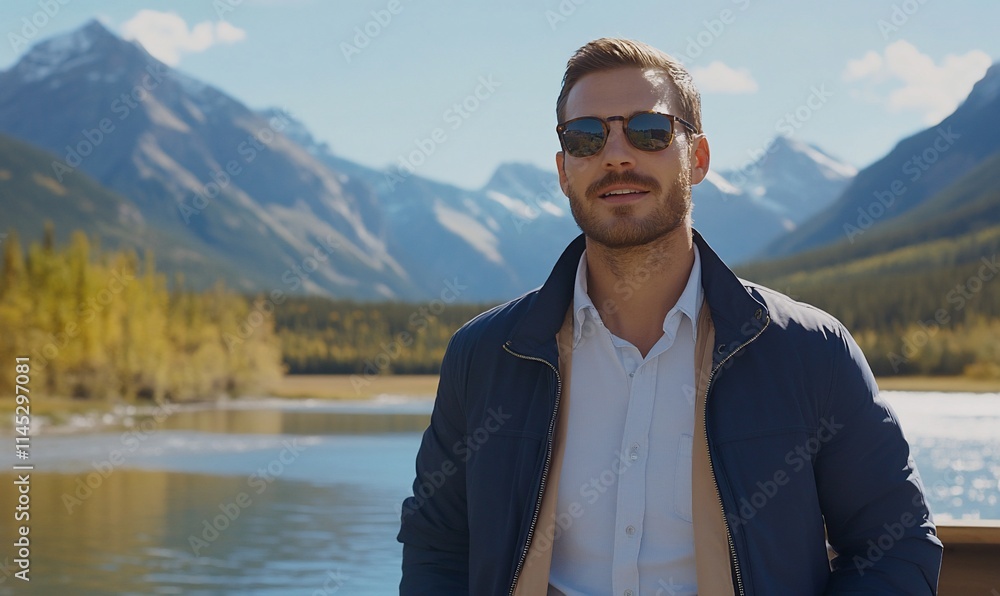 A man in sunglasses poses by a serene mountain lake. A man in sunglasses poses by a serene mountain lake.