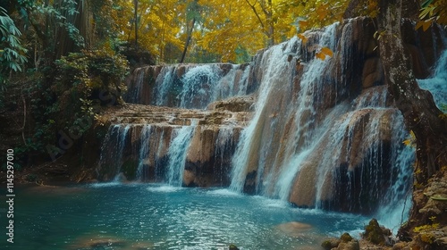 Waterfall (Saithip Waterfall) with stone of green moss in autumn forest