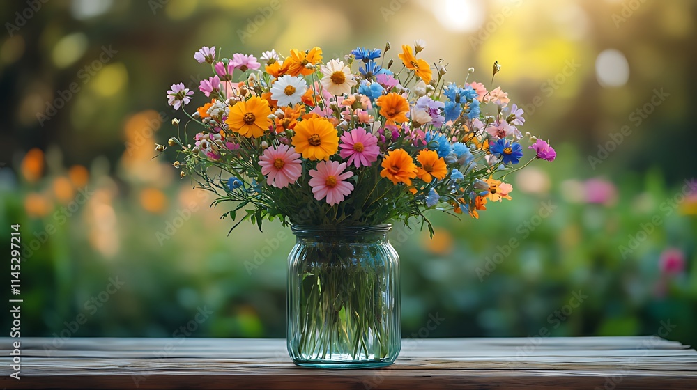 Vibrant wildflowers in a glass jar on a wooden table, outdoors in sunlight. Vibrant wildflowers in a glass jar on a wooden table, outdoors in sunlight.