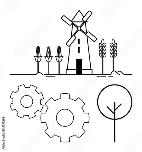 Windmill surrounded by crops and trees, accompanied by mechanical gears. Ideal for sustainability, agriculture, renewable energy, farming, eco-friendly practices, agritech conservation. Line