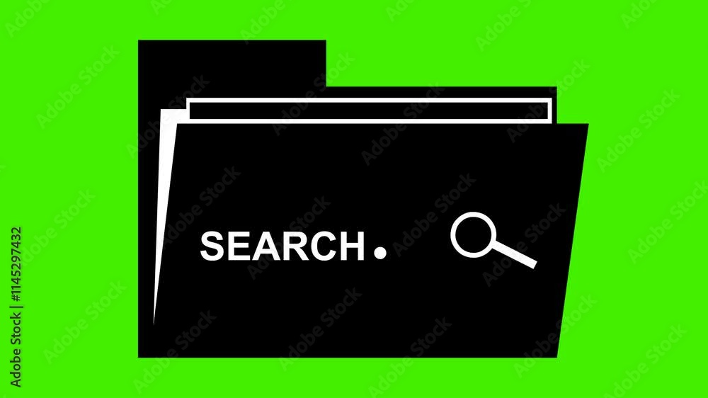 video animation black and white icon folder and magnifying glass with dots loading, in concept searching computer files system, on a green chroma key background video animation black and white icon folder and magnifying glass with dots loading, in concept searching computer files system, on a green chroma key background