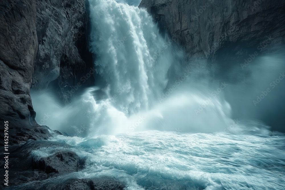 Obraz premium Powerful waterfall cascading down rocky cliffs in a misty landscape near a river