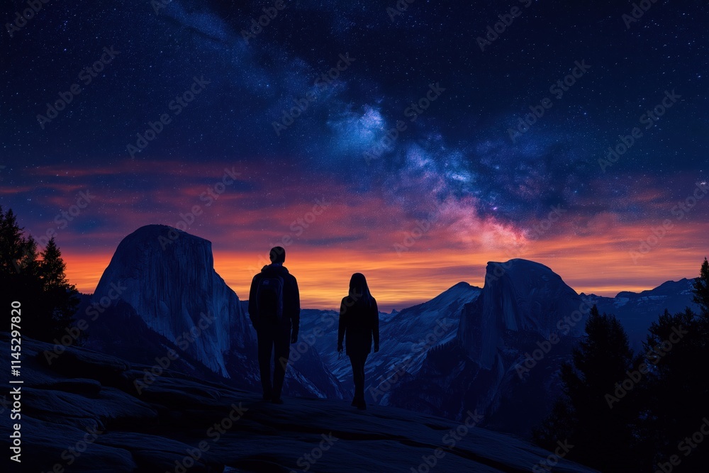 Fototapeta premium Couple gazing at starry night sky in Yosemite National Park during twilight