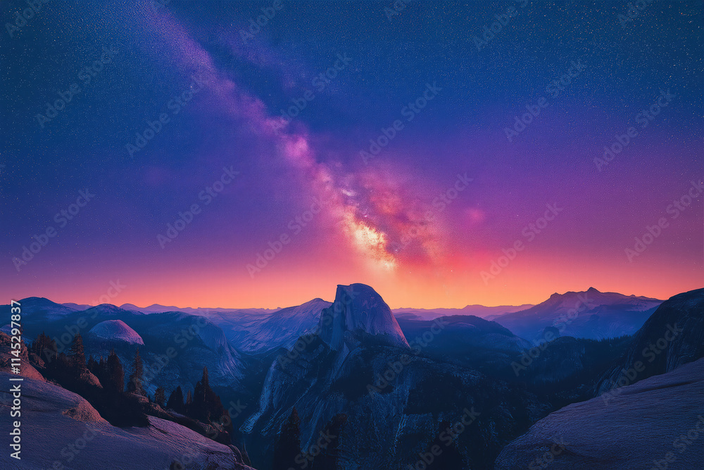Stunning night view of Half Dome under a brilliant Milky Way in Yosemite National Park Stunning night view of Half Dome under a brilliant Milky Way in Yosemite National Park