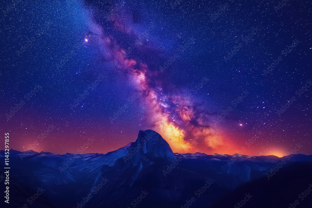 Milky Way shining over mountain silhouette in a clear night sky Milky Way shining over mountain silhouette in a clear night sky
