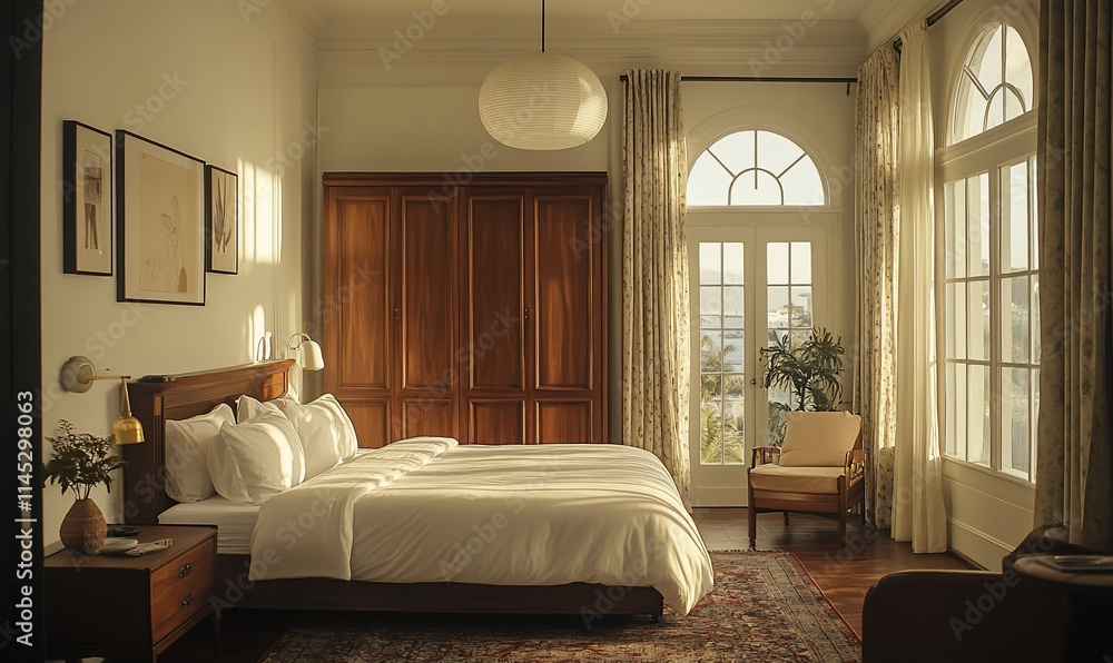 Sunlit bedroom with king bed, arched windows, wooden wardrobe, and armchair. Sunlit bedroom with king bed, arched windows, wooden wardrobe, and armchair.