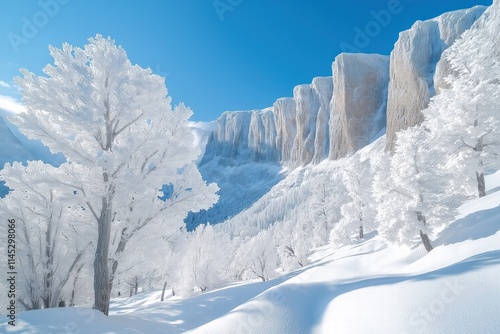 Wallpaper Mural Winter wonderland with snow-covered trees and towering cliffs under a clear blue sky Torontodigital.ca