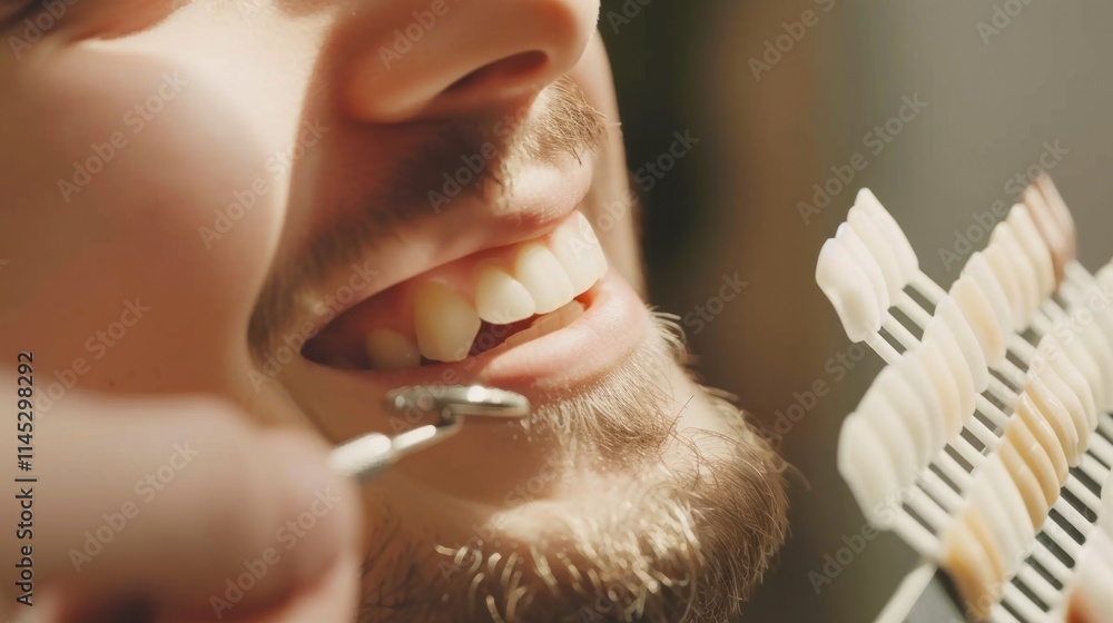 Obraz premium Dental beauty with example of male patient smiling in dental clinic style, perfect and healthy white teeth beauty
