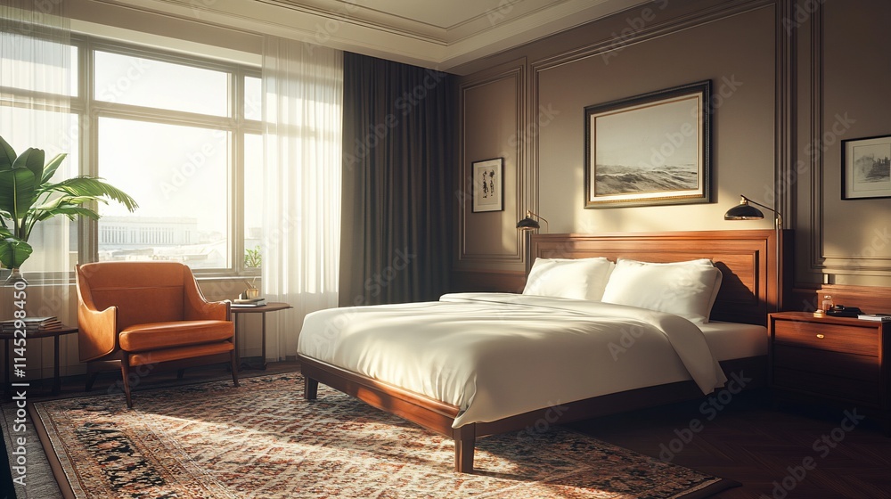 Sunlit luxury bedroom with king bed, armchair, and city view. Sunlit luxury bedroom with king bed, armchair, and city view.