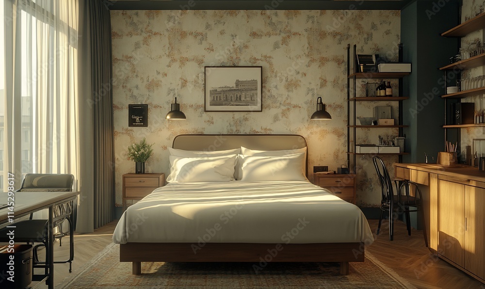 Sunlit modern hotel room with king bed, desk, and shelving. Sunlit modern hotel room with king bed, desk, and shelving.