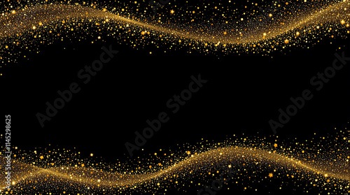 Golden glitter waves on a black background. Horizontal lines at the top and bottom with a space between. Perfect for festive, elegant, luxurious, or celebratory designs.