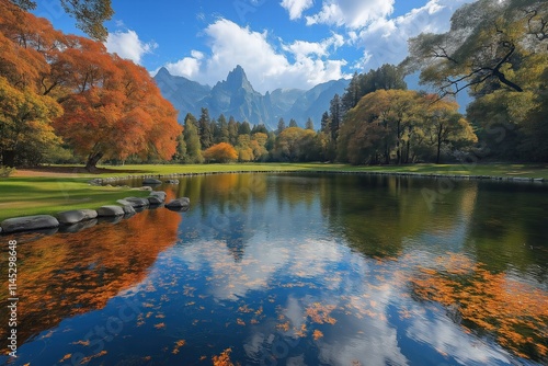 Stunning autumn landscape with colorful trees reflecting on a serene lake against mountain backdrop photo