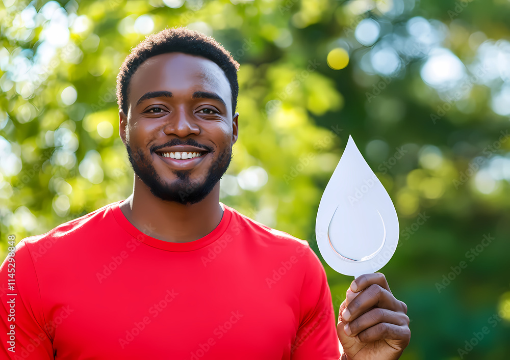 Happy man promoting health with water drop cutout in park Happy man promoting health with water drop cutout in park