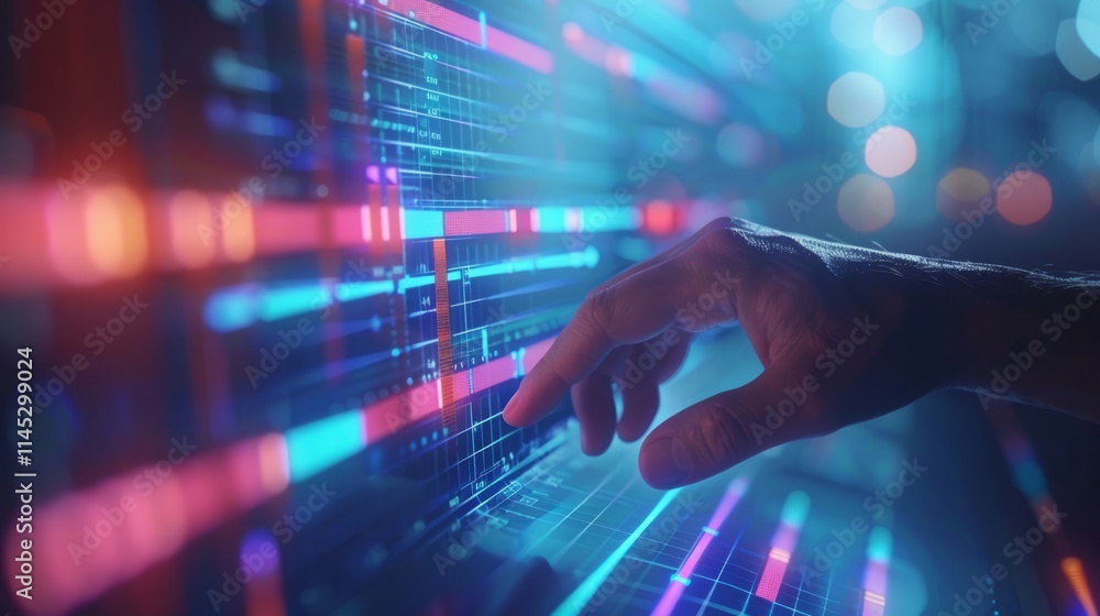 Hand interacting with futuristic digital interface displaying data streams and graphs. Hand interacting with futuristic digital interface displaying data streams and graphs.