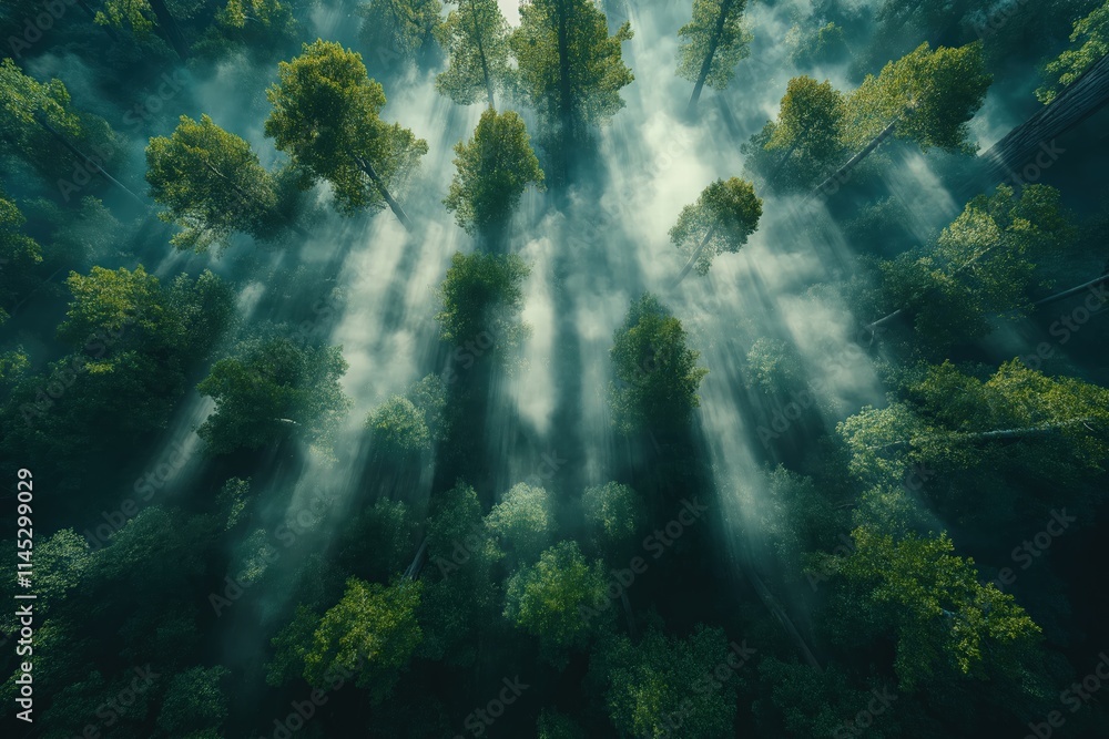 Sunlight streaming through misty forest with tall trees and lush greenery in a serene setting Sunlight streaming through misty forest with tall trees and lush greenery in a serene setting