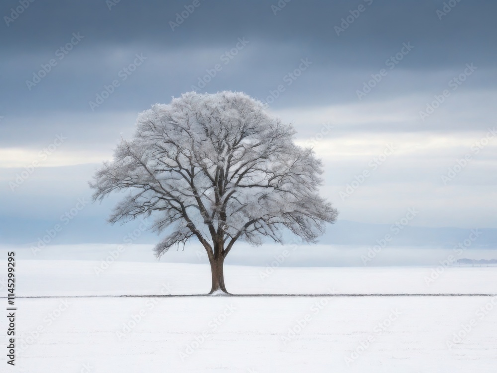 Fototapeta premium The beauty of winter solitude, a lone winter tree in a snowy field under a sky in low dark clouds