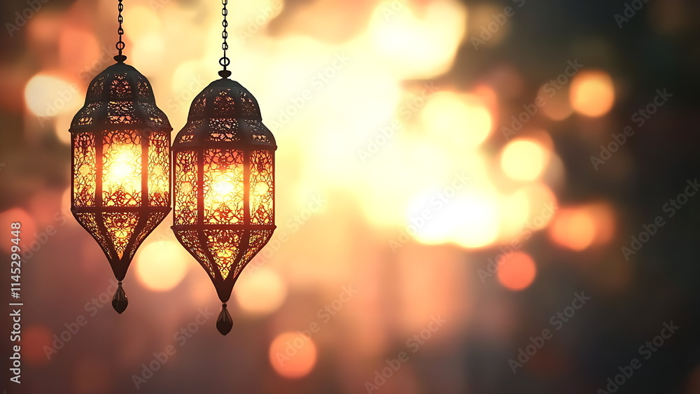 Two Islamic lanterns hanging with golden light, a blurred warm background. Two Islamic lanterns hanging with golden light, a blurred warm background.