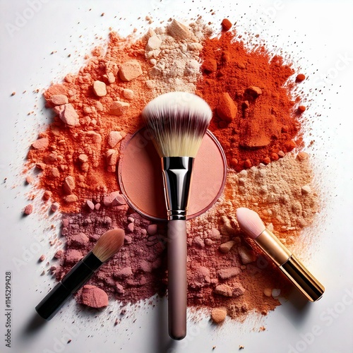 cosmetic background with texture samples of compact and loose powder in different tones. A chic makeup brush. top view. white background