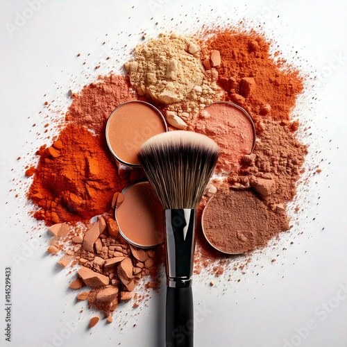cosmetic background with texture samples of compact and loose powder in different tones. A chic makeup brush. top view. white background