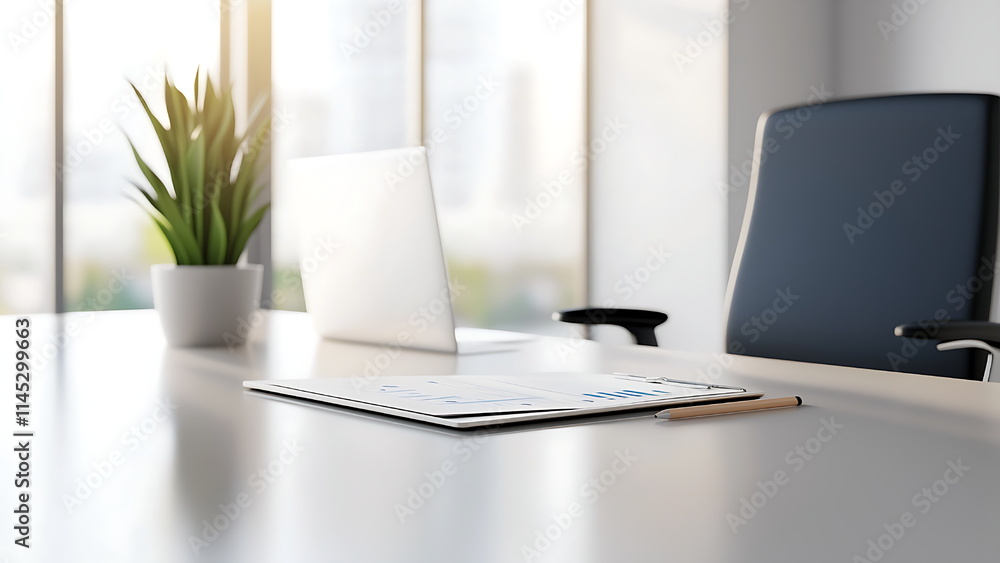 Fototapeta premium Light-colored office desks with laptops, plants, documents and chairs. Bright sunlight streams in.
