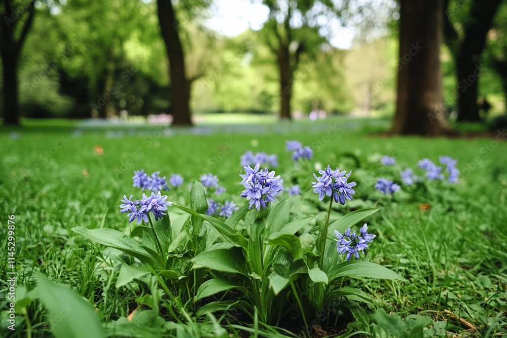 A cluster of purple flowers blooming in a green park setting. A cluster of purple flowers blooming in a green park setting.