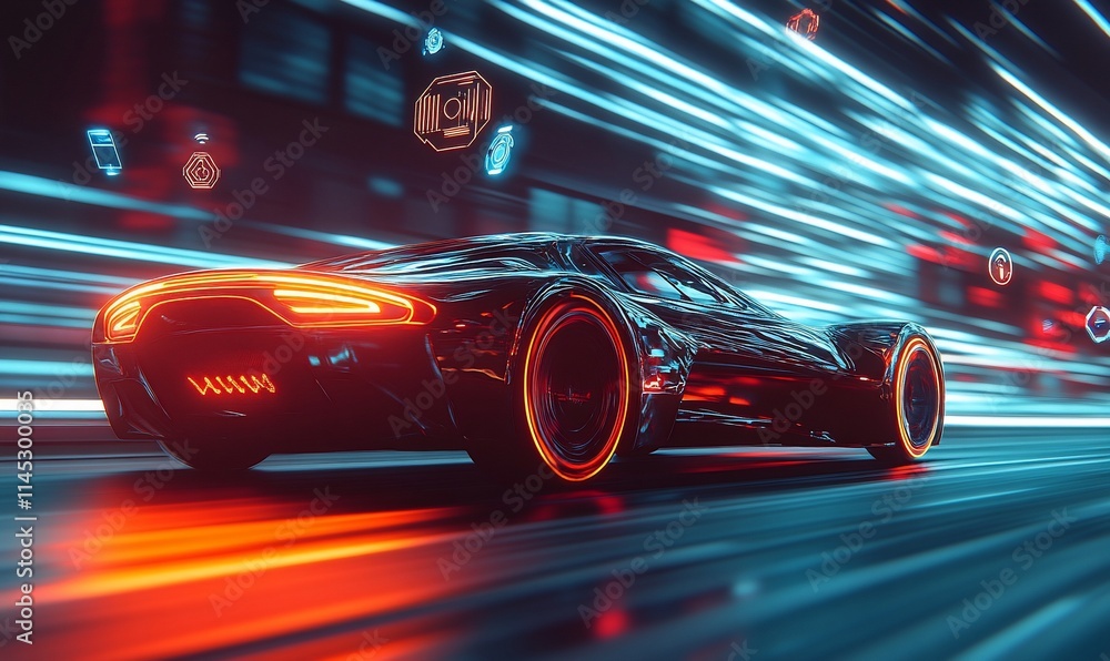 Futuristic car speeding through a vibrant, neon-lit environment. Futuristic car speeding through a vibrant, neon-lit environment.