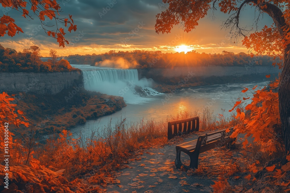 Beautiful sunset over a waterfall with autumn foliage and a serene bench view Beautiful sunset over a waterfall with autumn foliage and a serene bench view