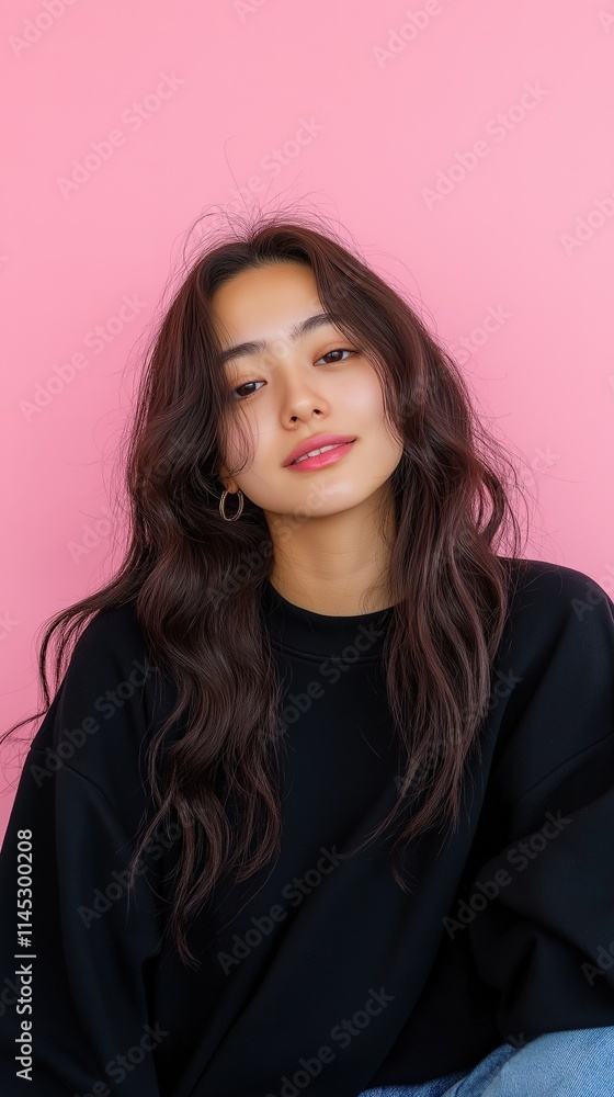 Fototapeta premium Young asian woman posing with pink background, wearing black and denim