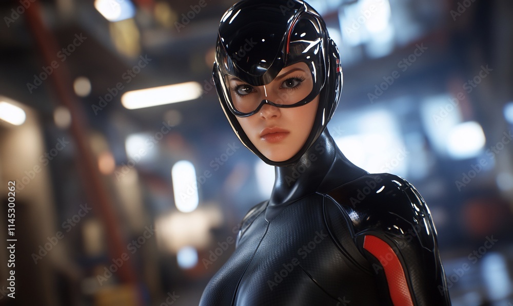 A close-up of a female character in a sleek, futuristic suit. A close-up of a female character in a sleek, futuristic suit.