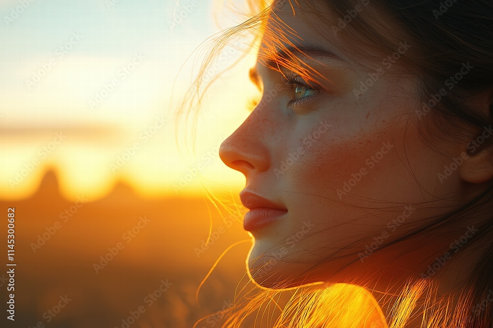 Young woman gazing into the sunset with flowing hair illuminated by golden light in a tranquil setting Young woman gazing into the sunset with flowing hair illuminated by golden light in a tranquil setting