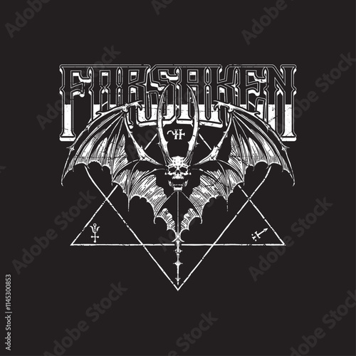 HAND DRAWN GOTHIC SATANIC DARK BAT ANIMAL FLYING METAL MUSIC SKULL VINTAGE TSHIRT TEE PRINT FOR APPAREL MERCHANDISE