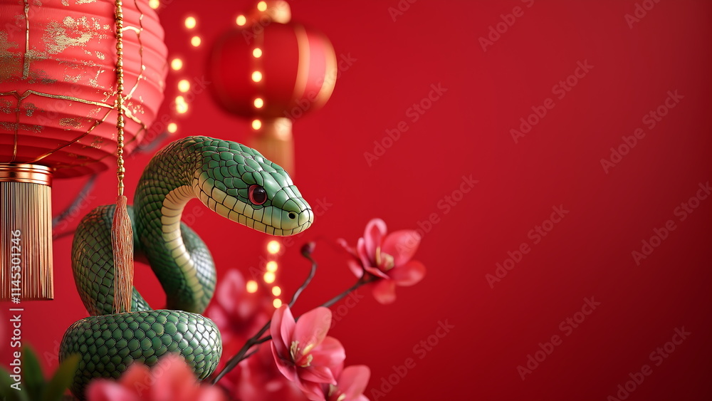 Red background, Chinese lanterns, a green snake, and pink flowers. Chinese new year 2025 background Red background, Chinese lanterns, a green snake, and pink flowers. Chinese new year 2025 background